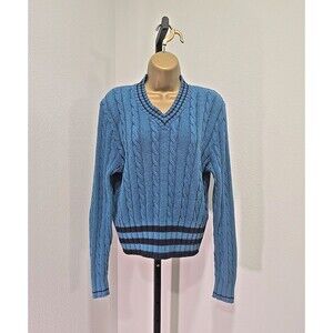 Vtg Brooks Bros Cable Knit Sweater Womens M Teal Blue V Neck Long Sleeve Classic